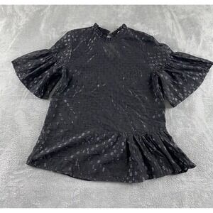 HM Black Metallic‎ Silver Clip Dot Ruffle Neck Peplum Blouse Womens Size 8